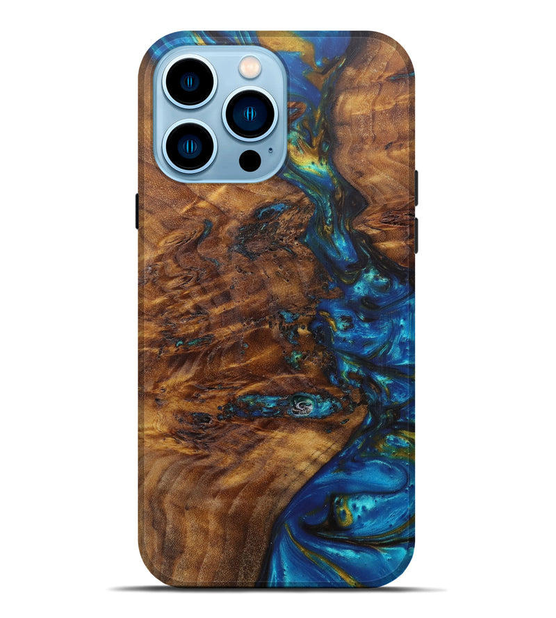 iPhone 14 Pro Max Wood+Resin Live Edge Phone Case - Brooks (Teal & Gold, 599130)