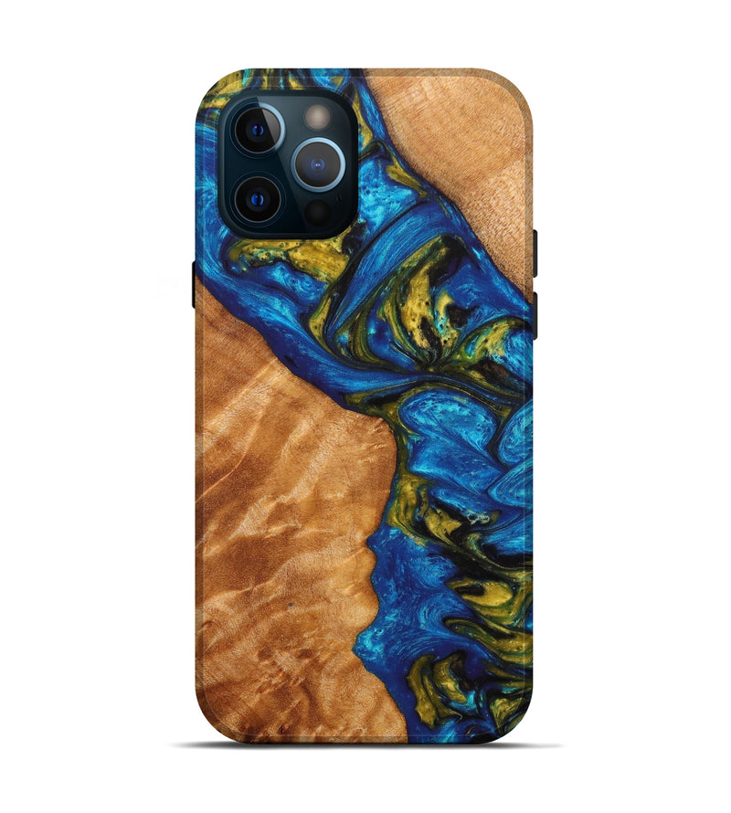 iPhone 12 Pro Wood+Resin Live Edge Phone Case - Joanne (Teal & Gold, 626874)