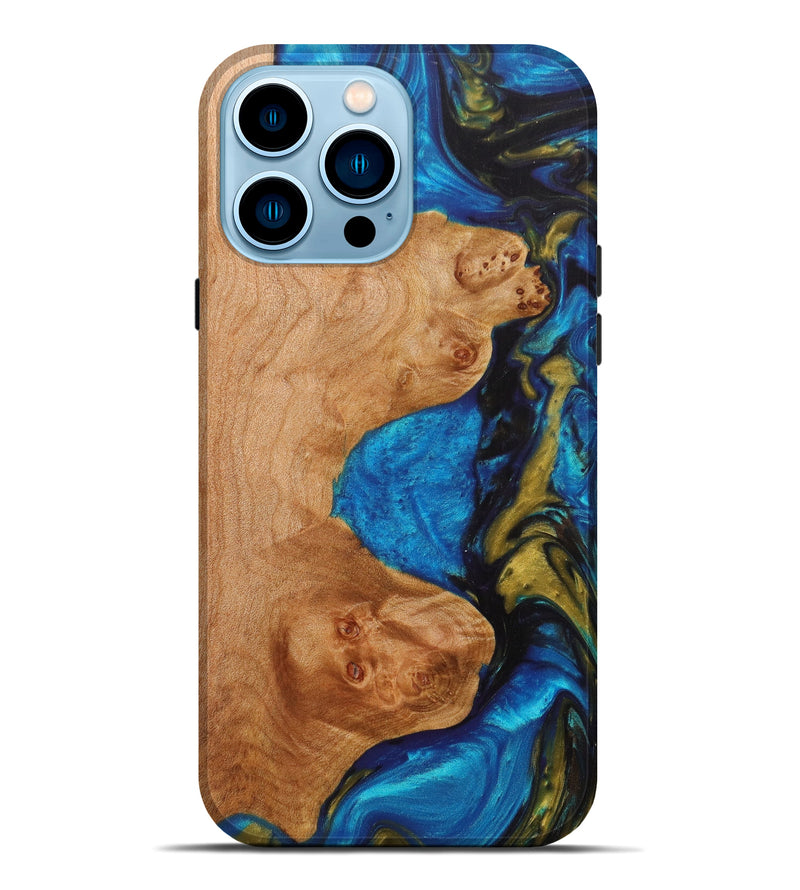 iPhone 14 Pro Max Wood+Resin Live Edge Phone Case - Darren (Teal & Gold, 631434)
