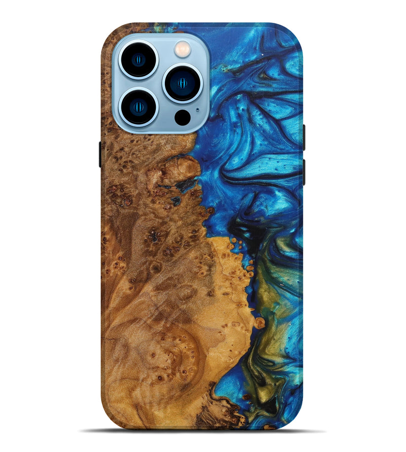 iPhone 14 Pro Max Wood+Resin Live Edge Phone Case - Justyn (Teal & Gold, 627236)