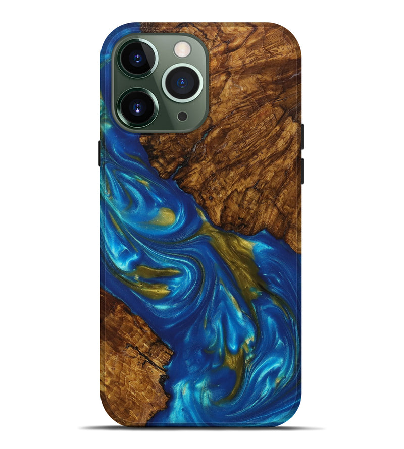 iPhone 13 Pro Max Wood+Resin Live Edge Phone Case - Robert (Teal & Gold, 637716)
