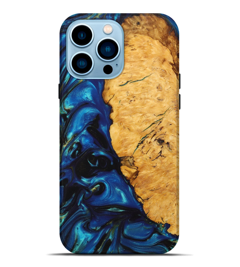 iPhone 14 Pro Max Wood+Resin Live Edge Phone Case - Grace (Teal & Gold, 637709)