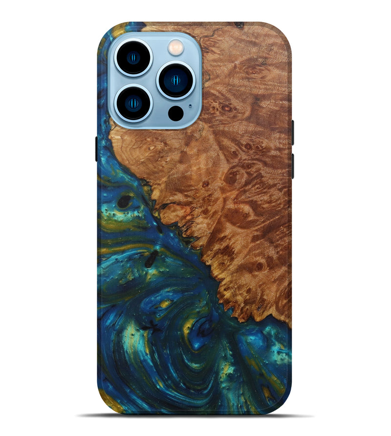 iPhone 14 Pro Max Wood+Resin Live Edge Phone Case - Ashraf (Teal & Gold, 590663)