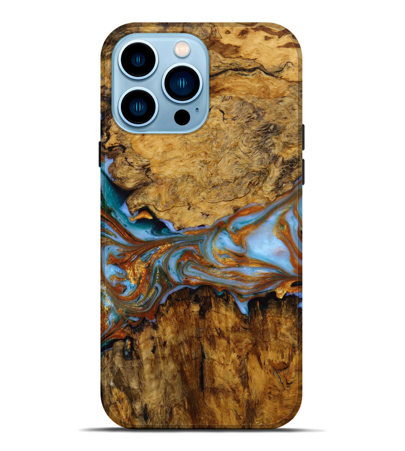 iPhone 14 Pro Max Wood+Resin Live Edge Phone Case - Xavier (Teal & Gold, 647230)