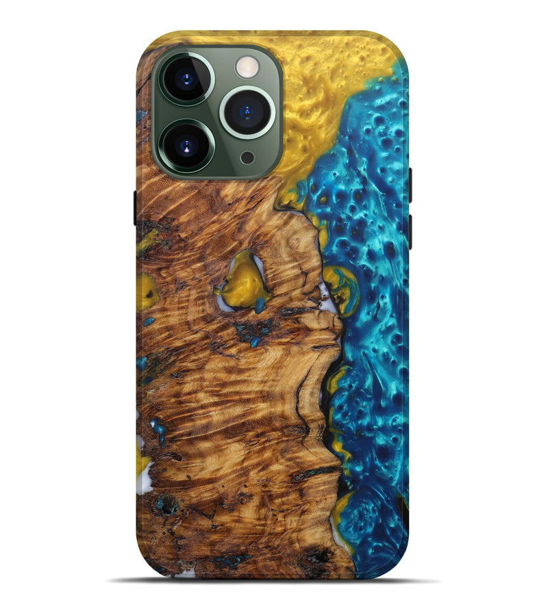 iPhone 13 Pro Max Wood+Resin Live Edge Phone Case - Minna (Teal & Gold, 596286)