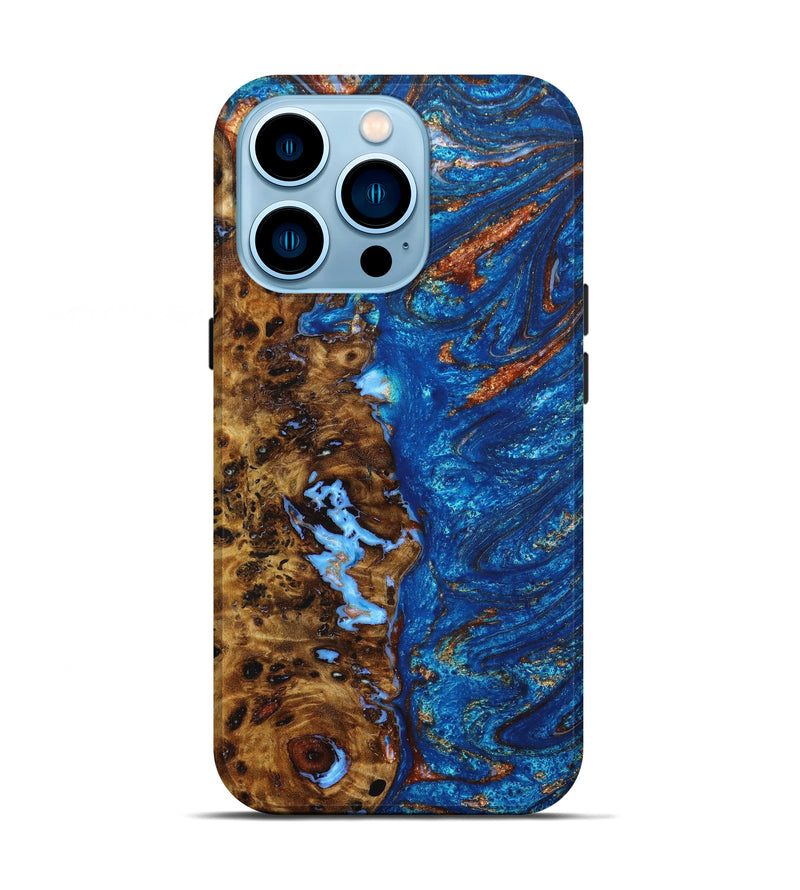 iPhone 14 Pro Wood+Resin Live Edge Phone Case - Sandra (Teal & Gold, 645794)