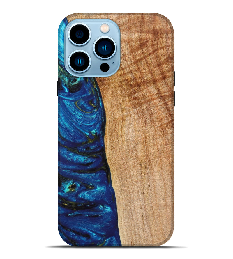 iPhone 14 Pro Max Wood+Resin Live Edge Phone Case - Maude (Teal & Gold, 635142)