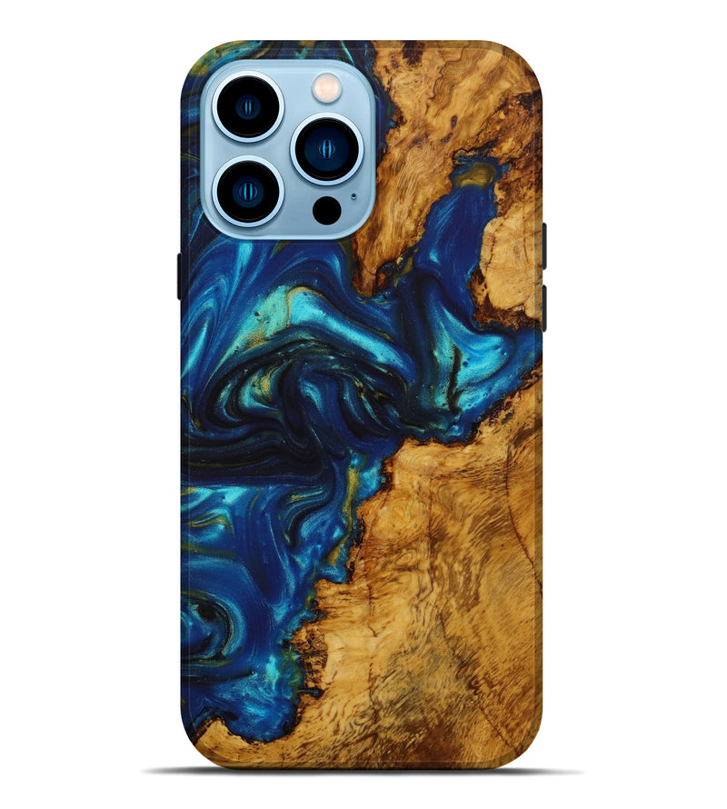 iPhone 14 Pro Max Wood+Resin Live Edge Phone Case - Christa (Teal & Gold, 642468)