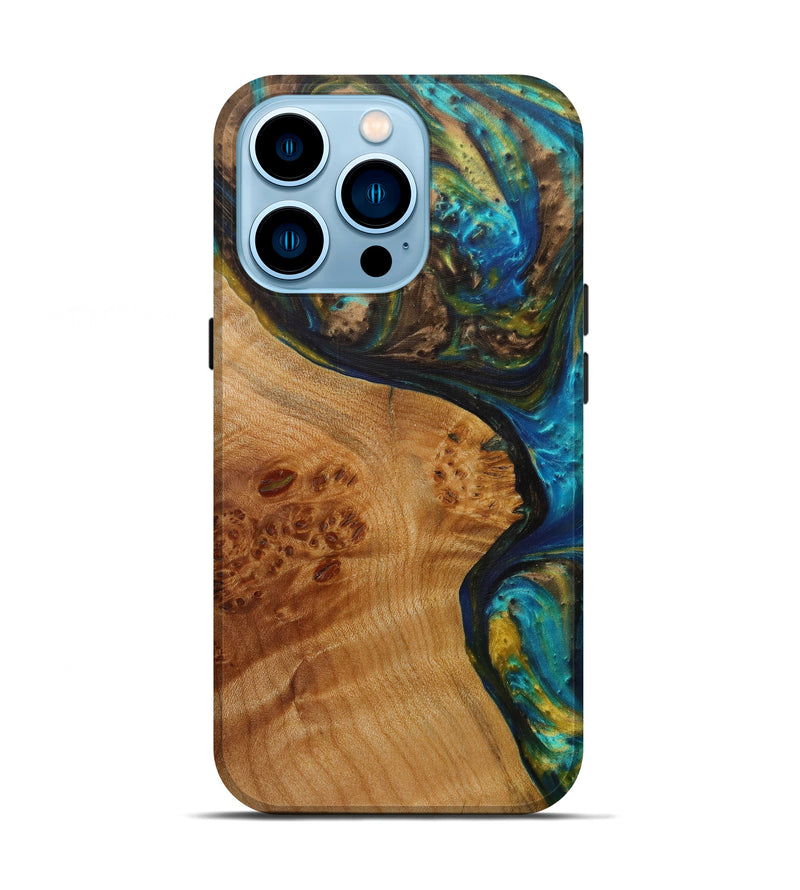iPhone 14 Pro Wood+Resin Live Edge Phone Case - Ninetta (Teal & Gold, 585153)