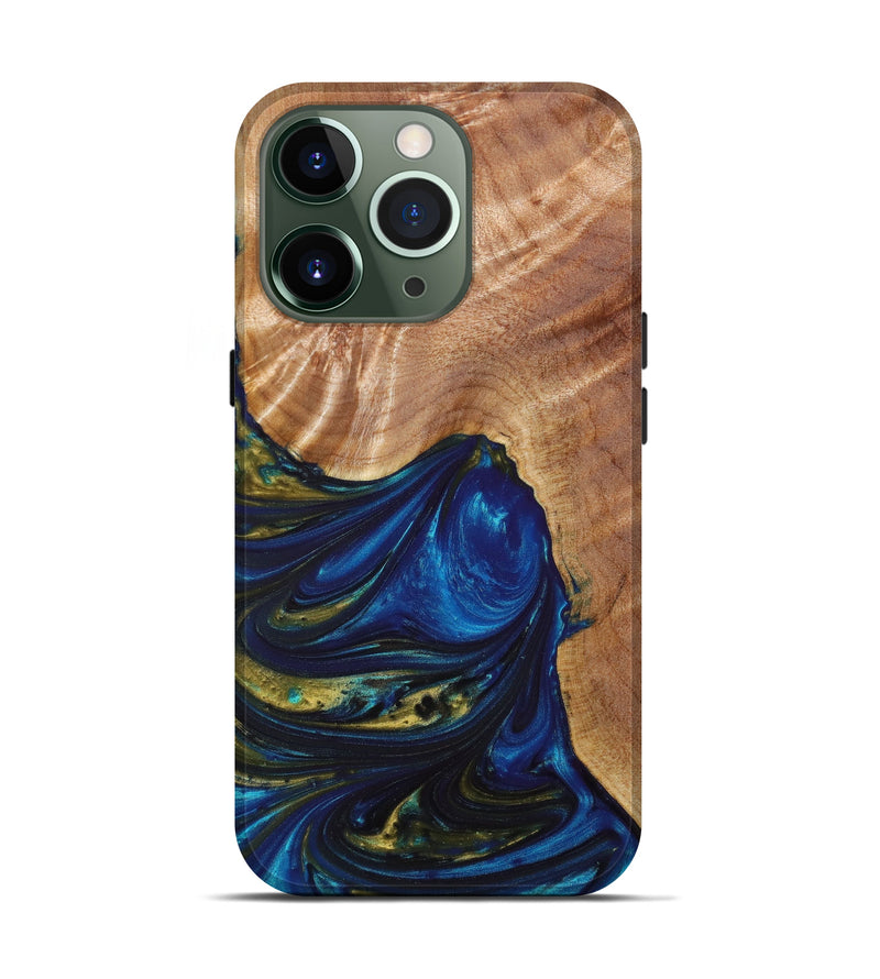 iPhone 13 Pro Wood+Resin Live Edge Phone Case - Amir (Teal & Gold, 638276)