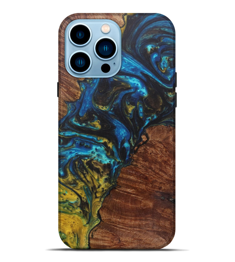 iPhone 14 Pro Max Wood+Resin Live Edge Phone Case - Faydra (Teal & Gold, 590657)