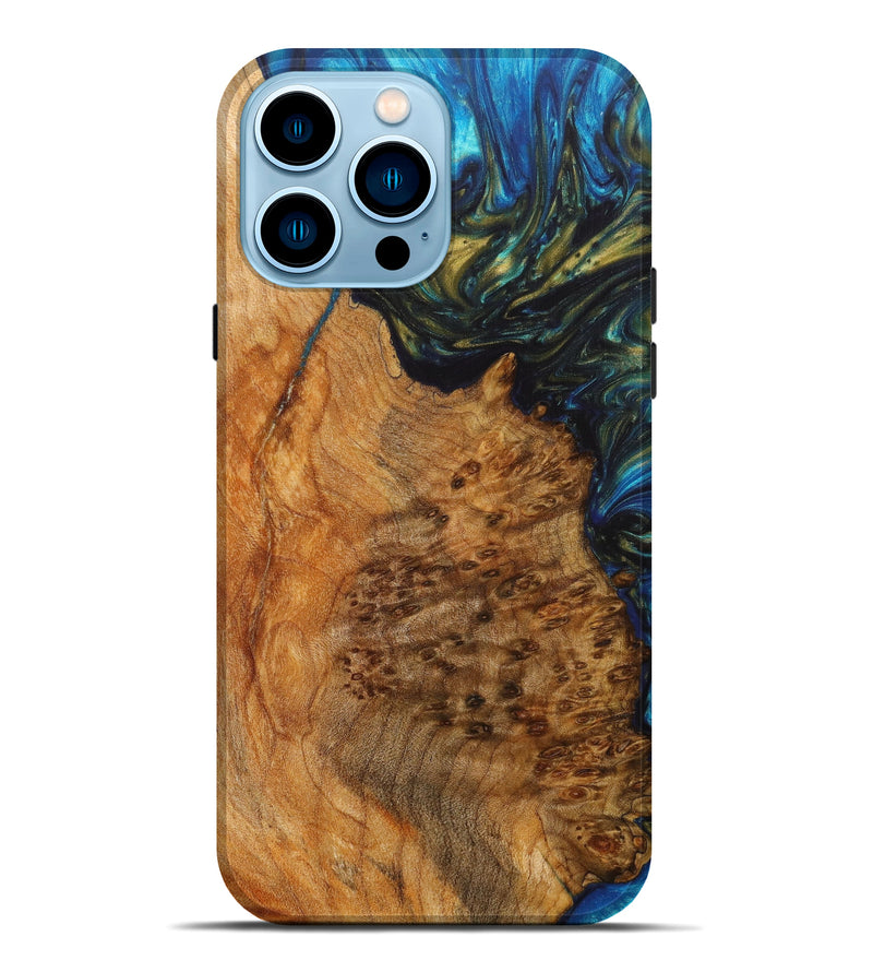 iPhone 14 Pro Max Wood+Resin Live Edge Phone Case - Alena (Teal & Gold, 626903)