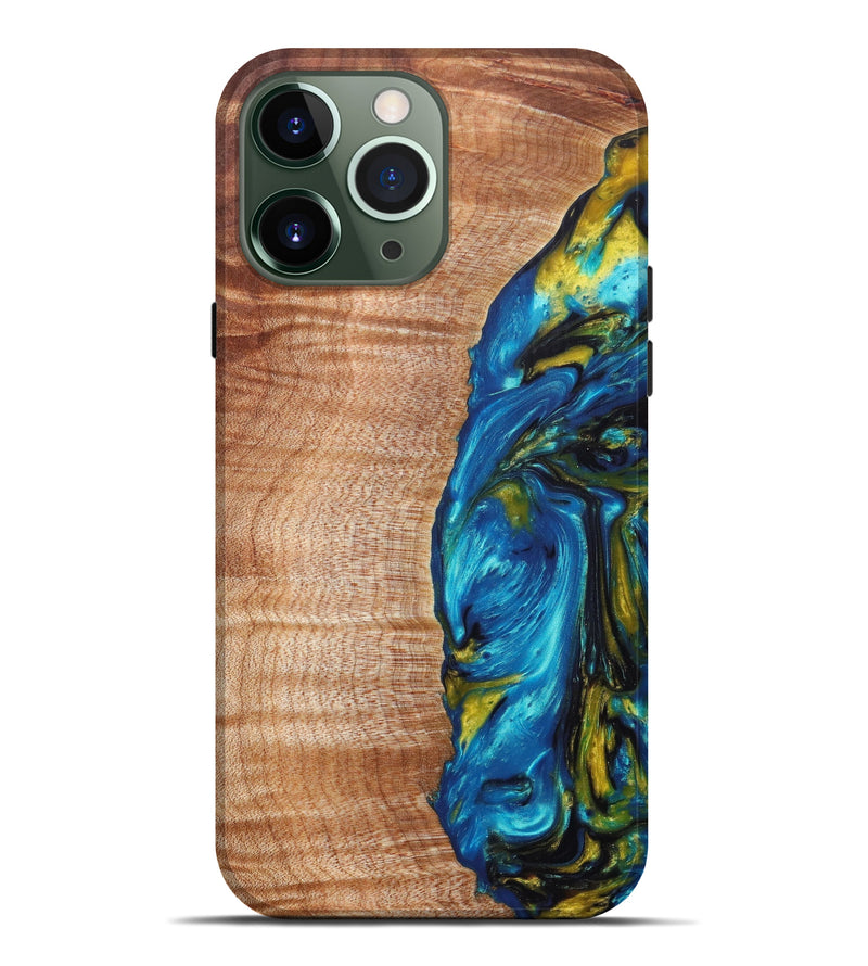iPhone 13 Pro Max Wood+Resin Live Edge Phone Case - Purnam (Teal & Gold, 605202)
