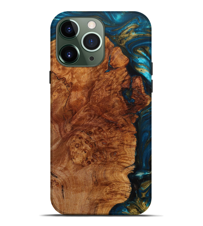 iPhone 13 Pro Max Wood+Resin Live Edge Phone Case - Claire (Teal & Gold, 639110)