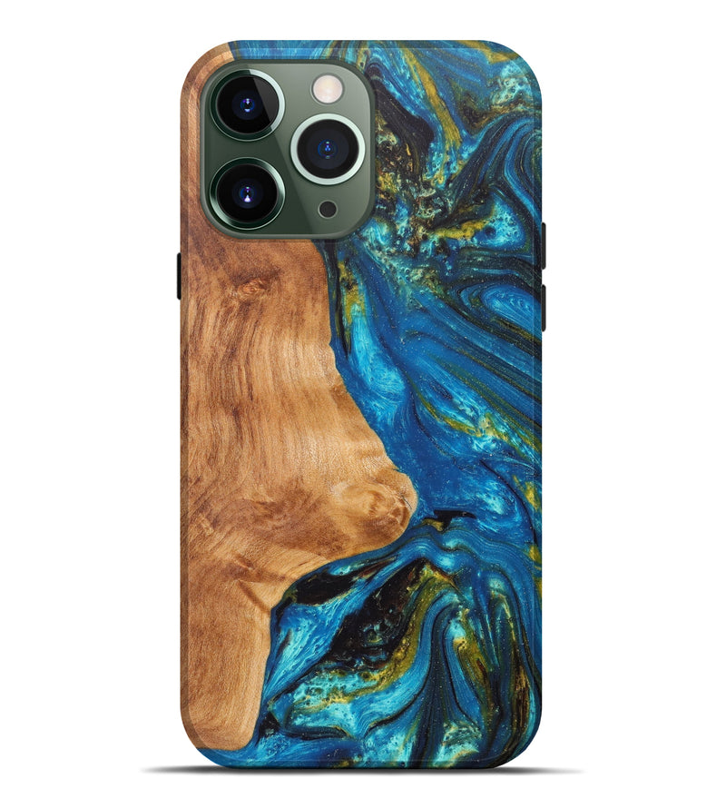 iPhone 13 Pro Max Wood+Resin Live Edge Phone Case - Allegra (Teal & Gold, 606834)