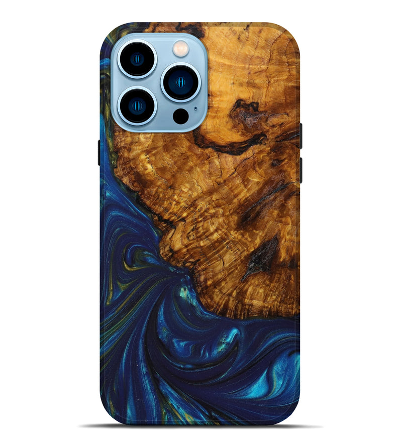 iPhone 14 Pro Max Wood+Resin Live Edge Phone Case - Brody (Teal & Gold, 641209)