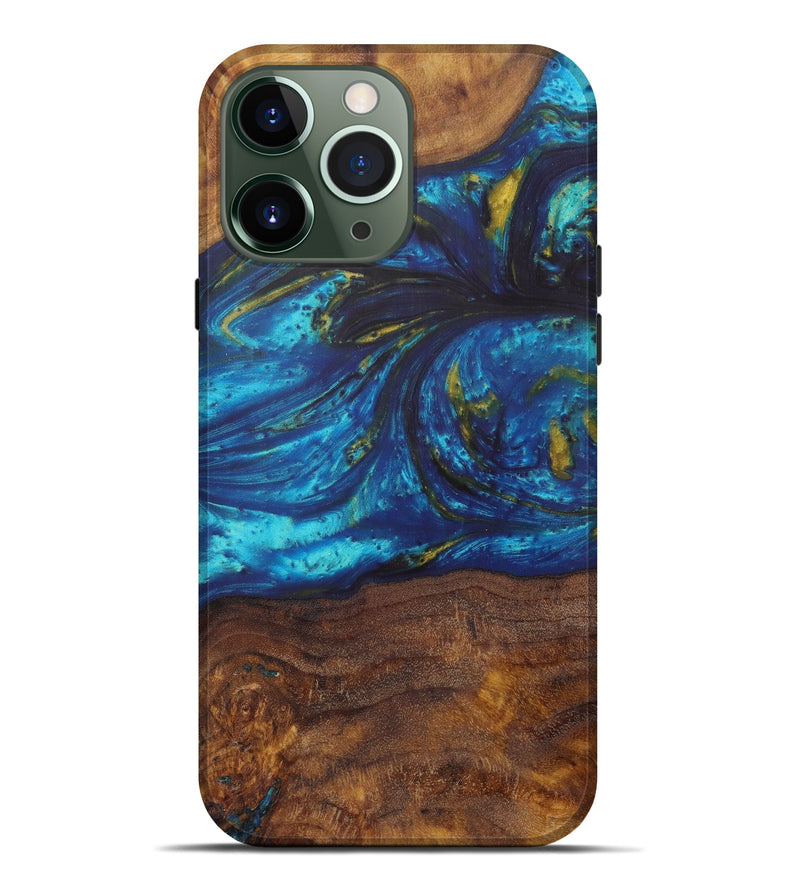 iPhone 13 Pro Max Wood+Resin Live Edge Phone Case - Willa (Teal & Gold, 610340)