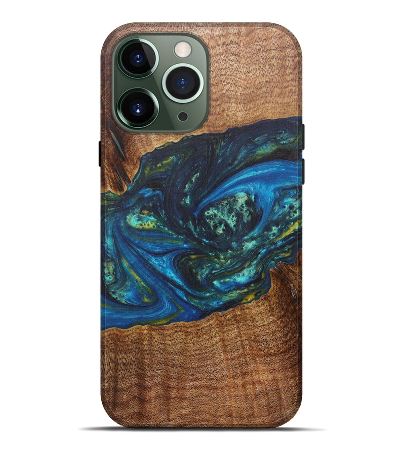 iPhone 13 Pro Max Wood+Resin Live Edge Phone Case - Omar (Teal & Gold, 594894)