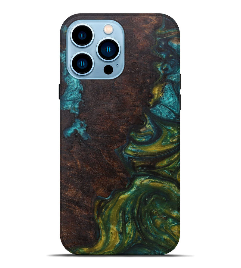 iPhone 14 Pro Max Wood+Resin Live Edge Phone Case - Catie (Teal & Gold, 599137)