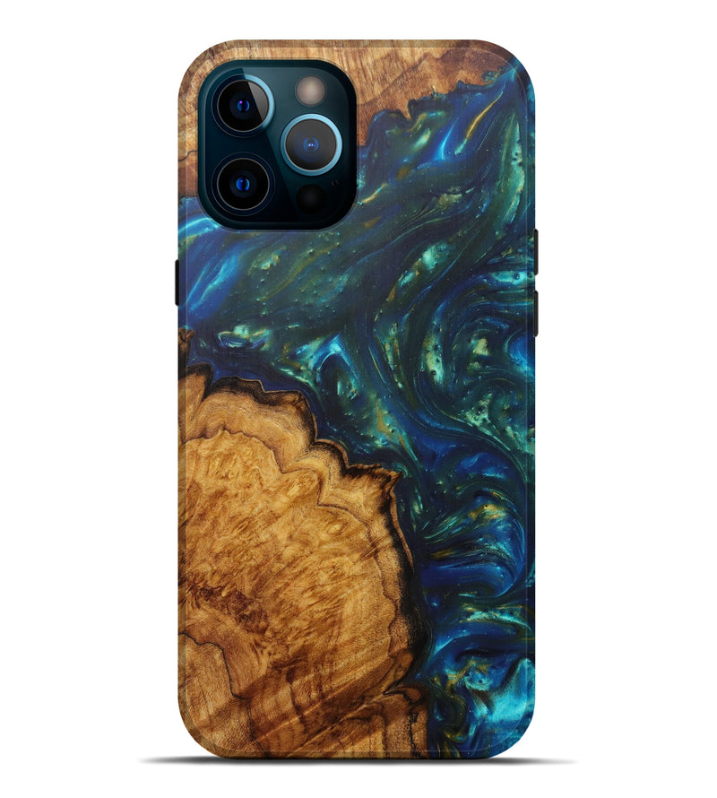 iPhone 12 Pro Max Wood+Resin Live Edge Phone Case - Ehab (Teal & Gold, 597324)