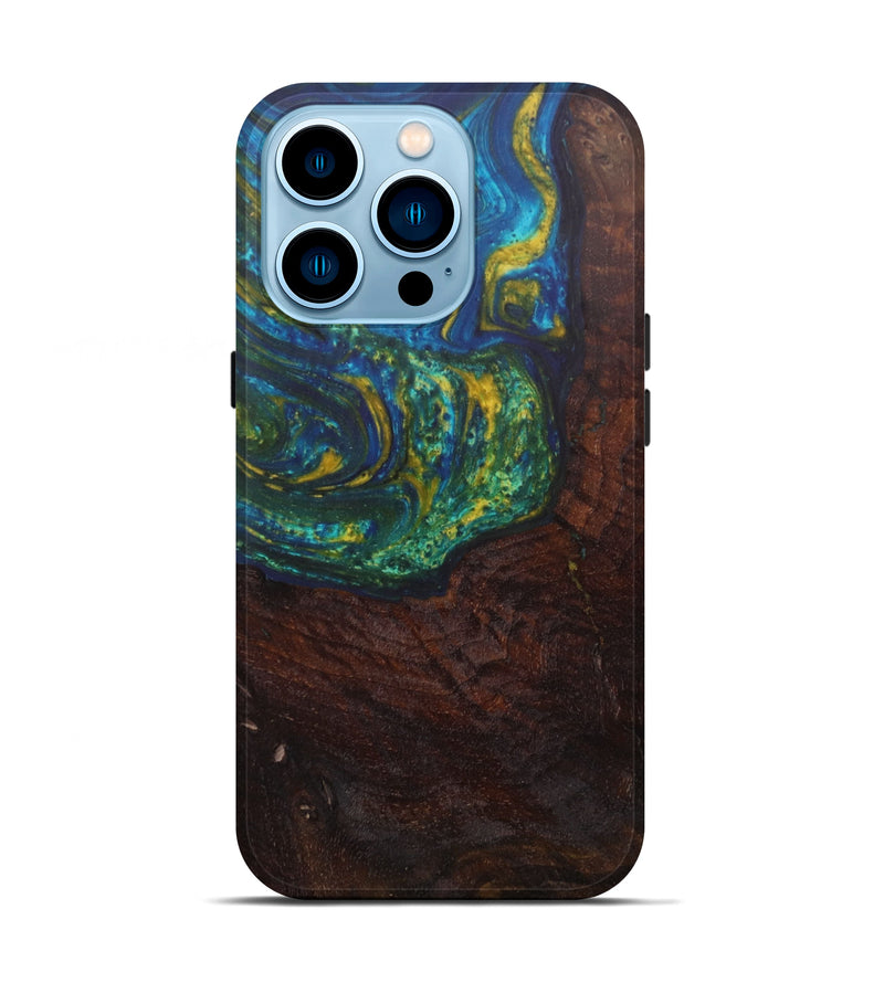 iPhone 14 Pro Wood+Resin Live Edge Phone Case - Jeanna (Teal & Gold, 610370)