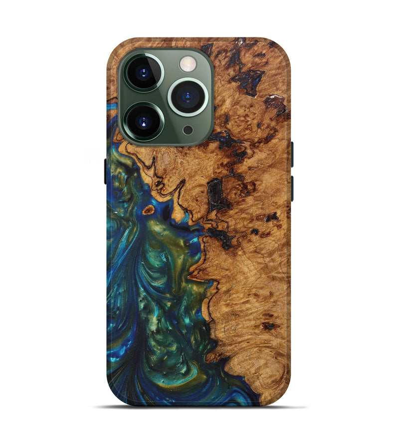 iPhone 13 Pro Wood+Resin Live Edge Phone Case - Myla (Teal & Gold, 626338)