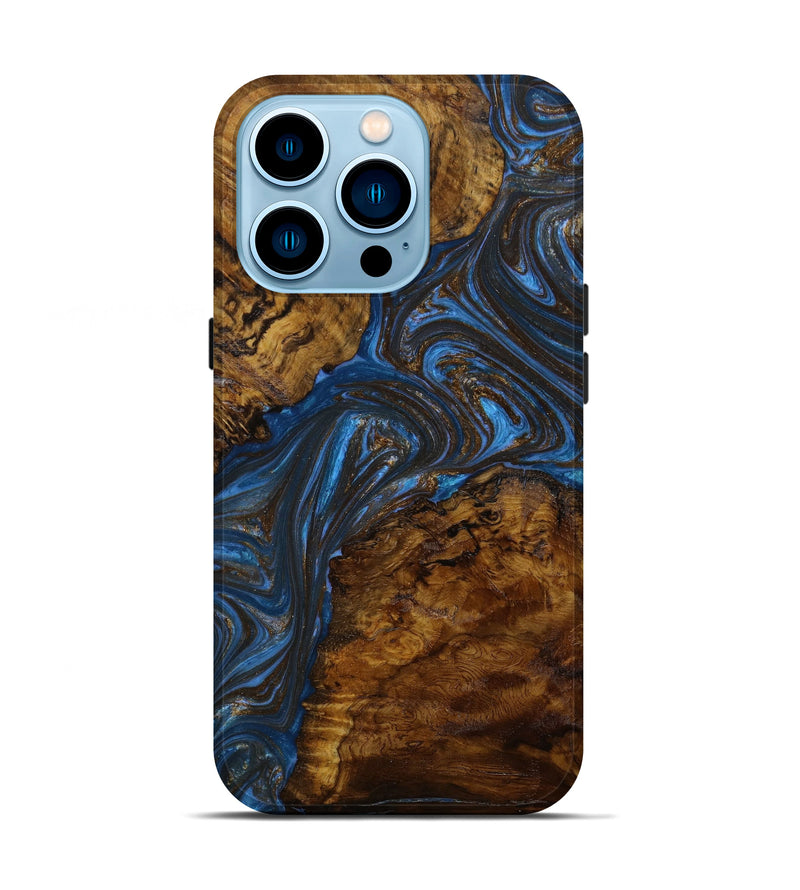 iPhone 14 Pro Wood+Resin Live Edge Phone Case - Gary (Teal & Gold, 646524)