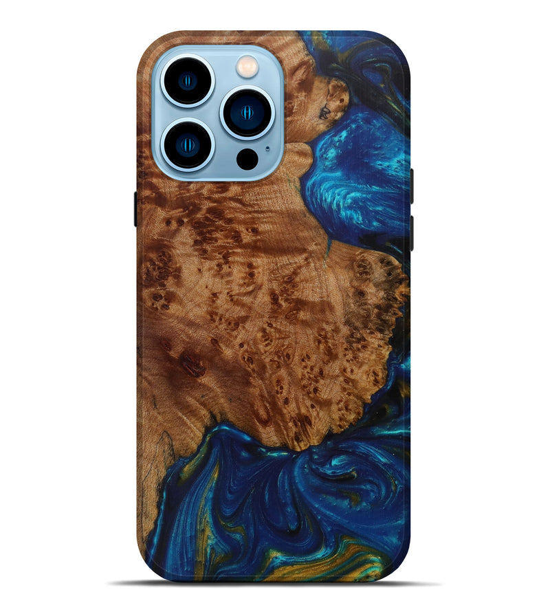iPhone 14 Pro Max Wood+Resin Live Edge Phone Case - Ramin (Teal & Gold, 585160)