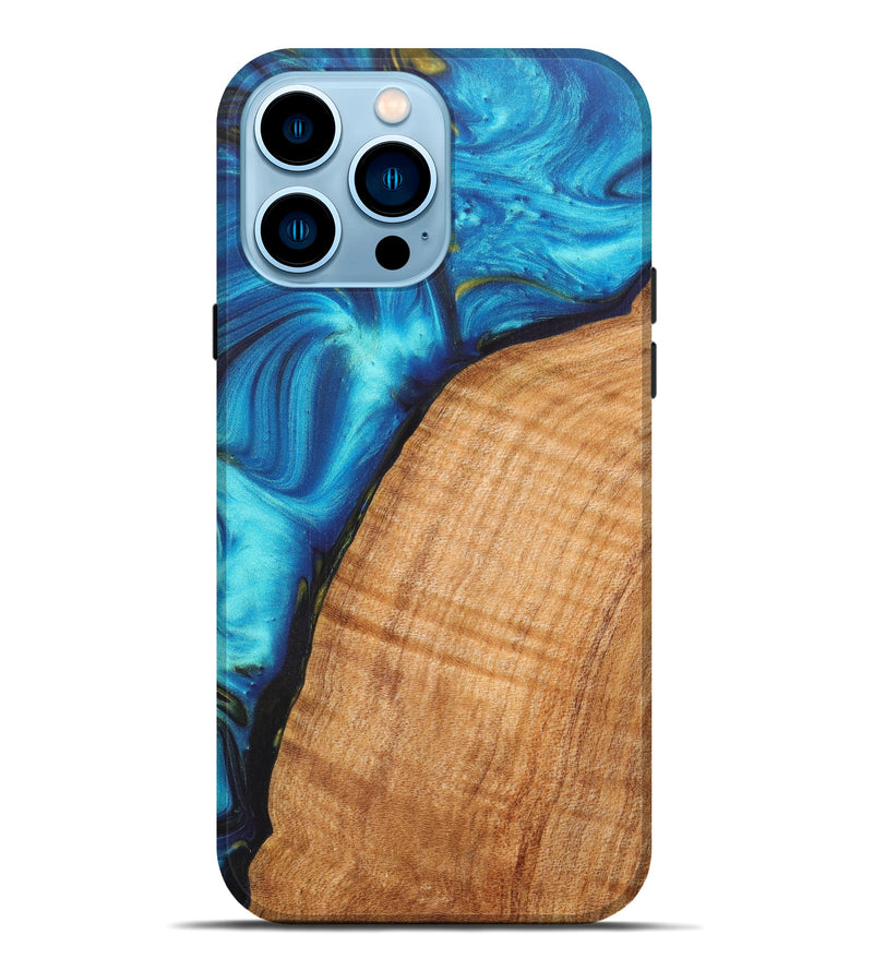 iPhone 14 Pro Max Wood+Resin Live Edge Phone Case - Alaiya (Teal & Gold, 615845)