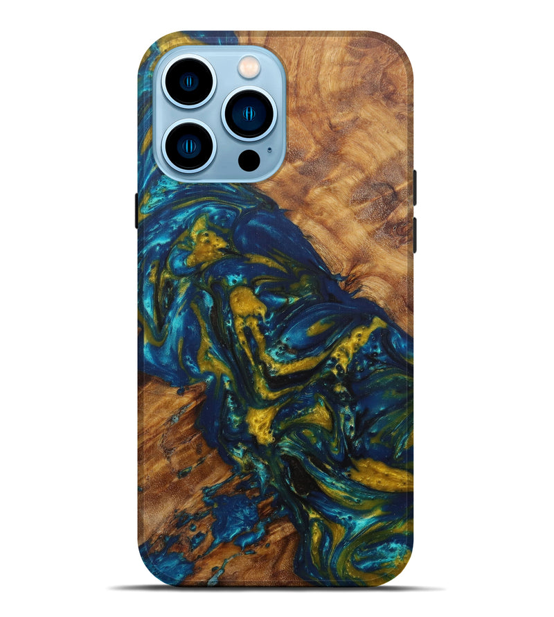 iPhone 14 Pro Max Wood+Resin Live Edge Phone Case - Burt (Teal & Gold, 597360)