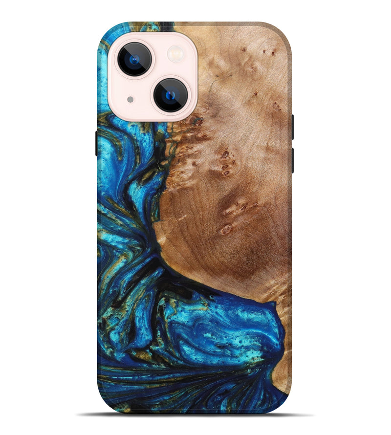 iPhone 14 Plus Wood+Resin Live Edge Phone Case - Dylan (Teal & Gold, 637714)