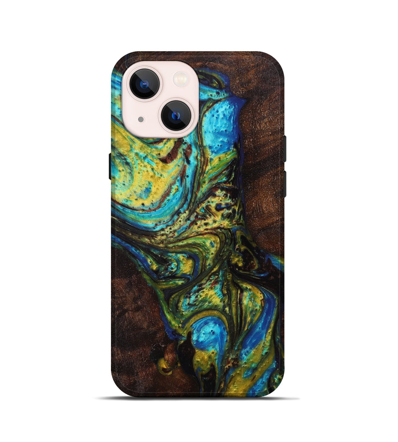iPhone 13 mini Wood+Resin Live Edge Phone Case - Lelia (Teal & Gold, 611114)