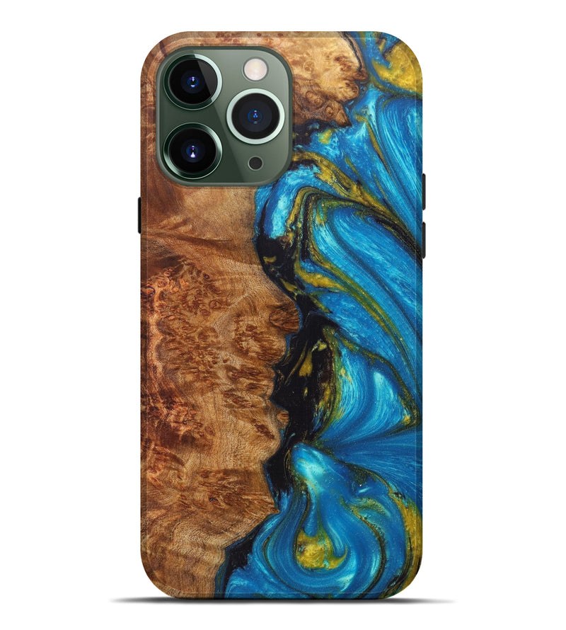 iPhone 13 Pro Max Wood+Resin Live Edge Phone Case - Zea (Teal & Gold, 606804)
