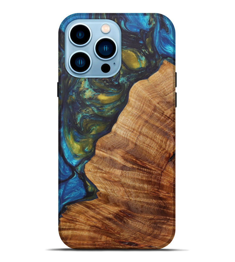 iPhone 14 Pro Max Wood+Resin Live Edge Phone Case - Kole (Teal & Gold, 609971)