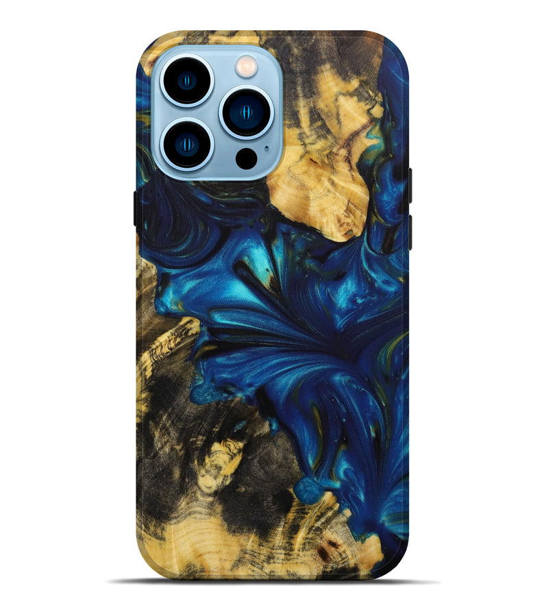 iPhone 14 Pro Max Wood+Resin Live Edge Phone Case - Devin (Teal & Gold, 642263)