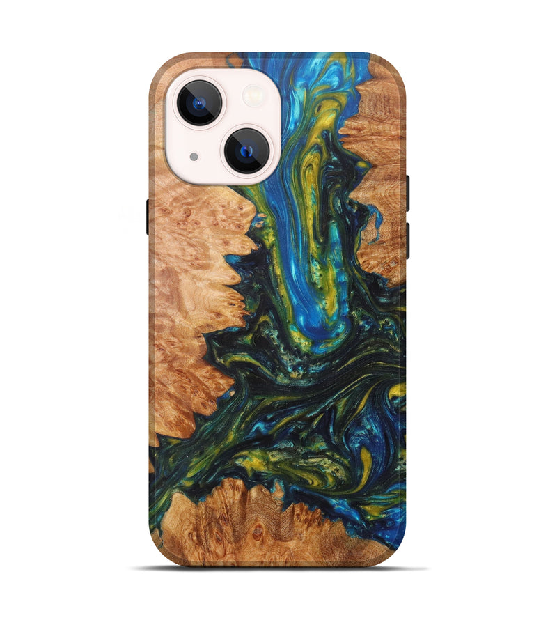 iPhone 13 Wood+Resin Live Edge Phone Case - Shirline (Teal & Gold, 603721)