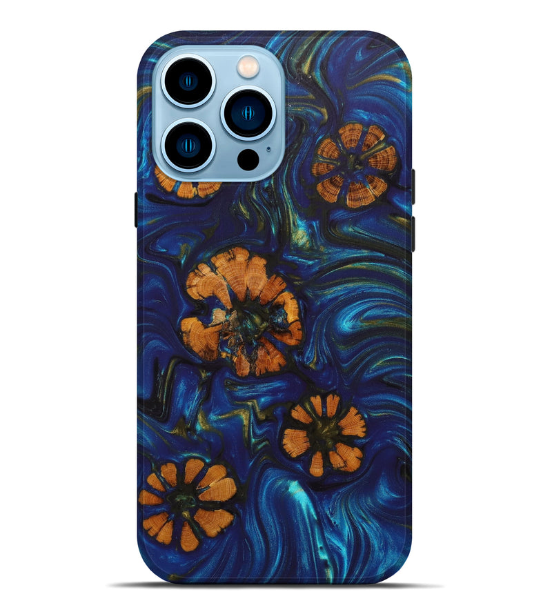 iPhone 14 Pro Max Wood+Resin Live Edge Phone Case - Emmalynne (Teal & Gold, 633130)