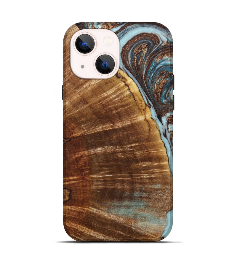iPhone 14 Wood+Resin Live Edge Phone Case - Jennie (Teal & Gold, 636829)