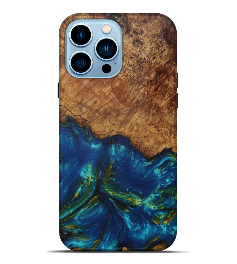 iPhone 14 Pro Max Wood+Resin Live Edge Phone Case - Fleur (Teal & Gold, 585558)
