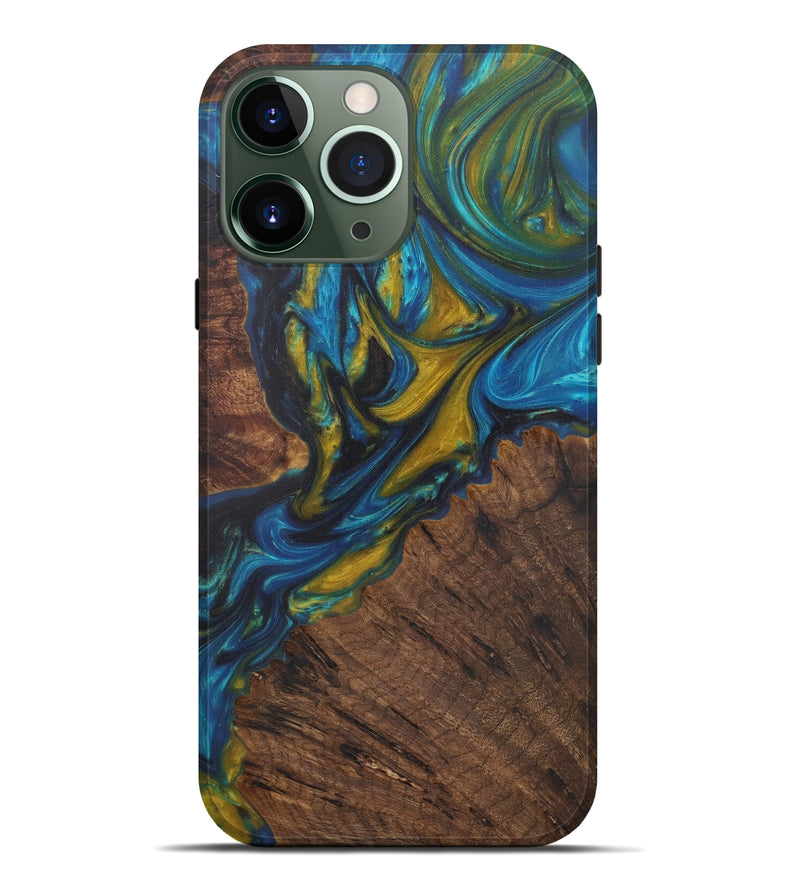 iPhone 13 Pro Max Wood+Resin Live Edge Phone Case - Felecia (Teal & Gold, 575506)
