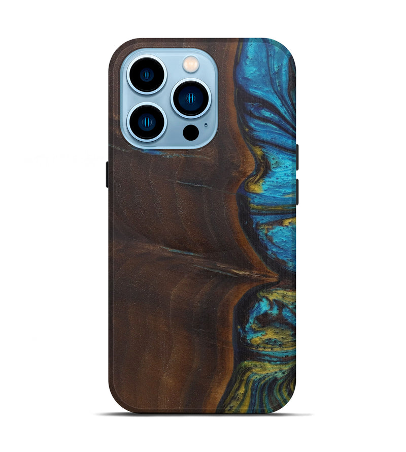 iPhone 14 Pro Wood+Resin Live Edge Phone Case - Fouad (Teal & Gold, 594788)