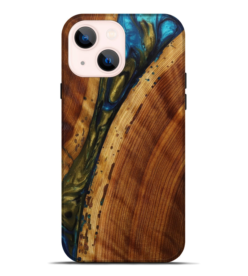 iPhone 14 Plus Wood+Resin Live Edge Phone Case - Vicki (Teal & Gold, 641934)
