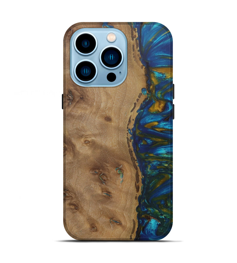iPhone 14 Pro Wood+Resin Live Edge Phone Case - Franky (Teal & Gold, 581691)