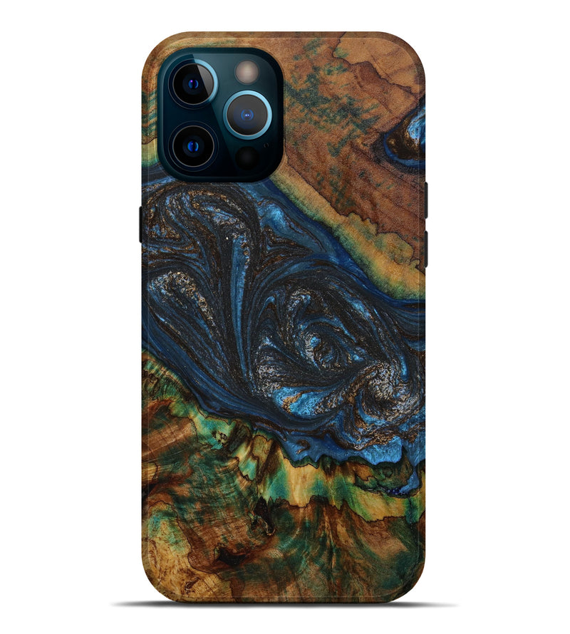 iPhone 12 Pro Max Wood+Resin Live Edge Phone Case - Amina (Teal & Gold, 646736)