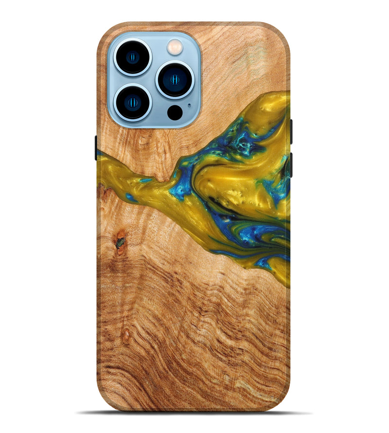 iPhone 14 Pro Max Wood+Resin Live Edge Phone Case - Reagan (Teal & Gold, 605588)