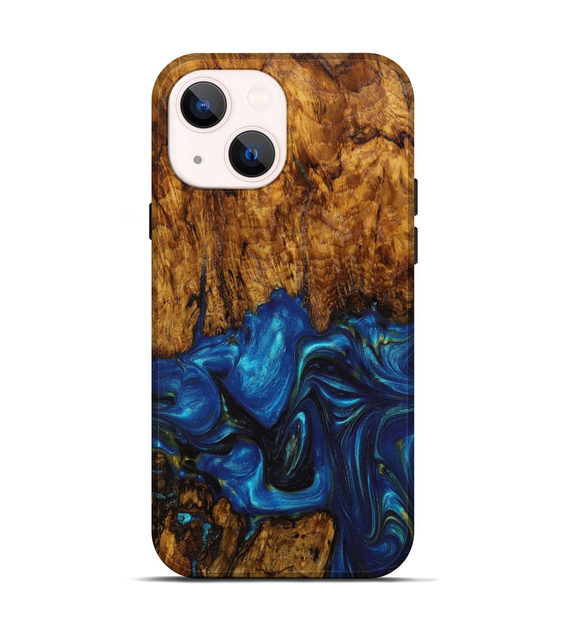 iPhone 14 Wood+Resin Live Edge Phone Case - Yahir (Teal & Gold, 641215)