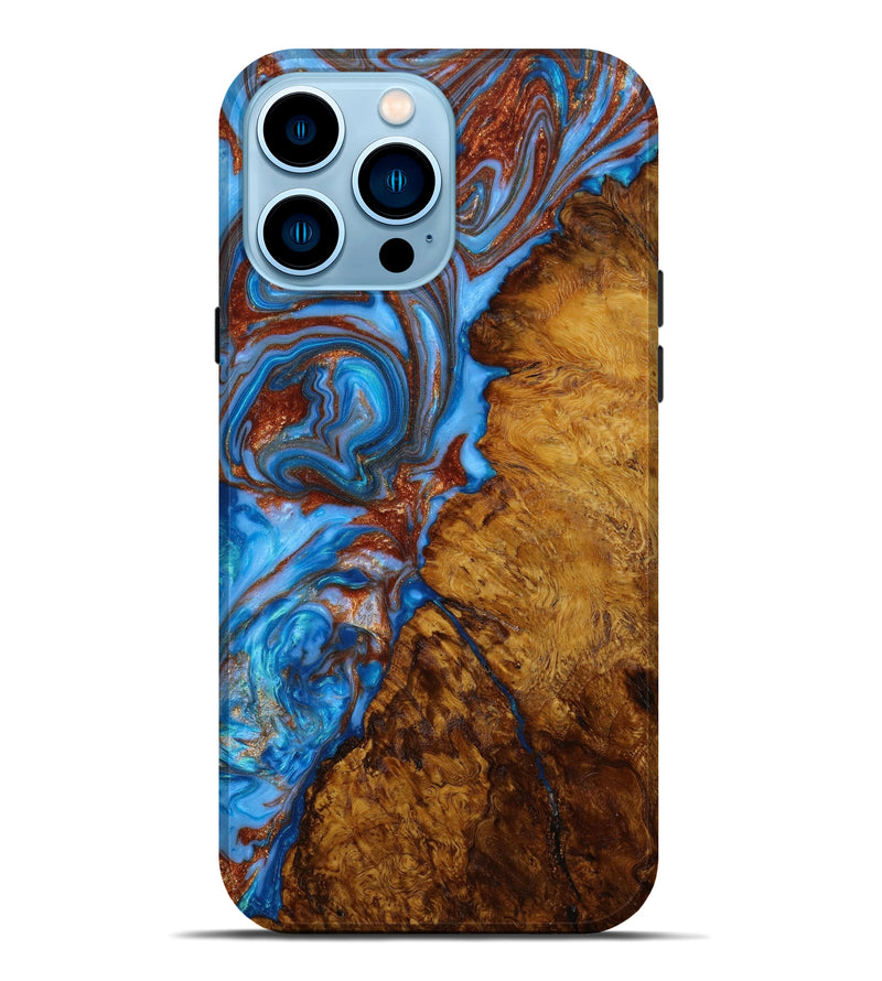 iPhone 14 Pro Max Wood+Resin Live Edge Phone Case - Lorene (Teal & Gold, 644986)