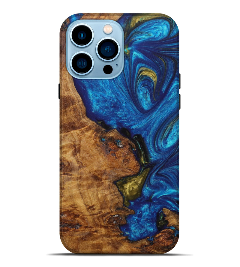 iPhone 14 Pro Max Wood+Resin Live Edge Phone Case - Abram (Teal & Gold, 637712)