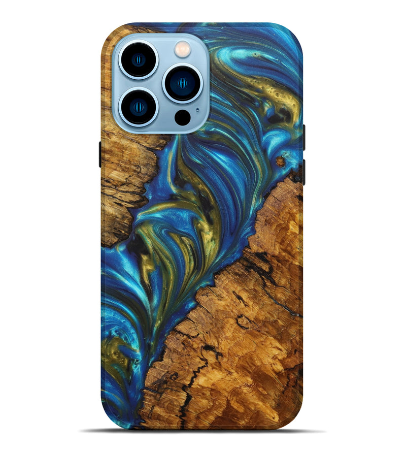 iPhone 14 Pro Max Wood+Resin Live Edge Phone Case - Edgardo (Teal & Gold, 630452)