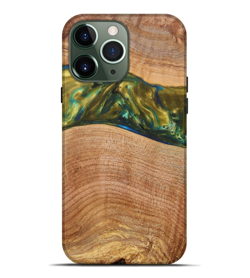 iPhone 13 Pro Max Wood+Resin Live Edge Phone Case - Travis (Teal & Gold, 635961)
